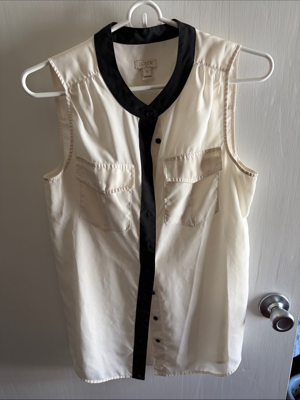 J. Crew Ivory Sleeveless Button-Up Blouse with Black Trim